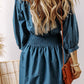 Smocked Half Button Three-Quarter Sleeve Mini Dress