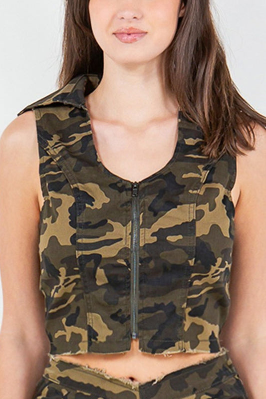 American Bazi Zip Up Camo Crop Denim Vest