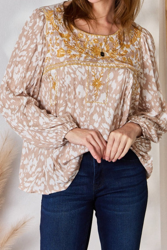 Hailey & Co Embroidered Printed Balloon Sleeve Blouse