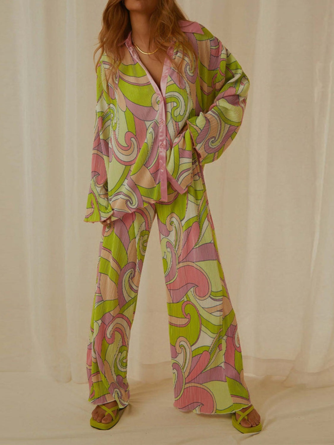 Printed Collared Neck Long Sleeve Top and Pants Lounge Set